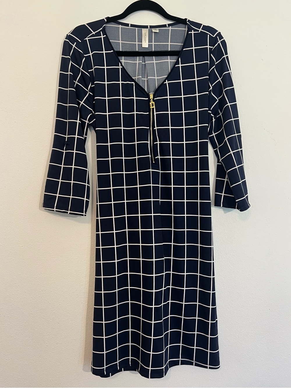 Tacera Navy and White Windowpane Knee-Length Belted Dress Size M Medium